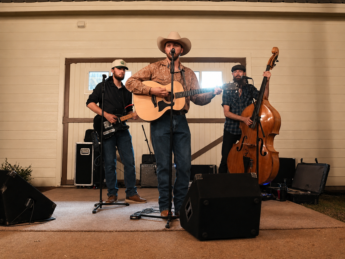 A live band playing at night for venue guests facing the firepit area.
