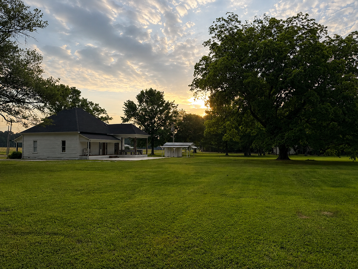 A white 1920's restored farmhouse showing the land and a huge tree.